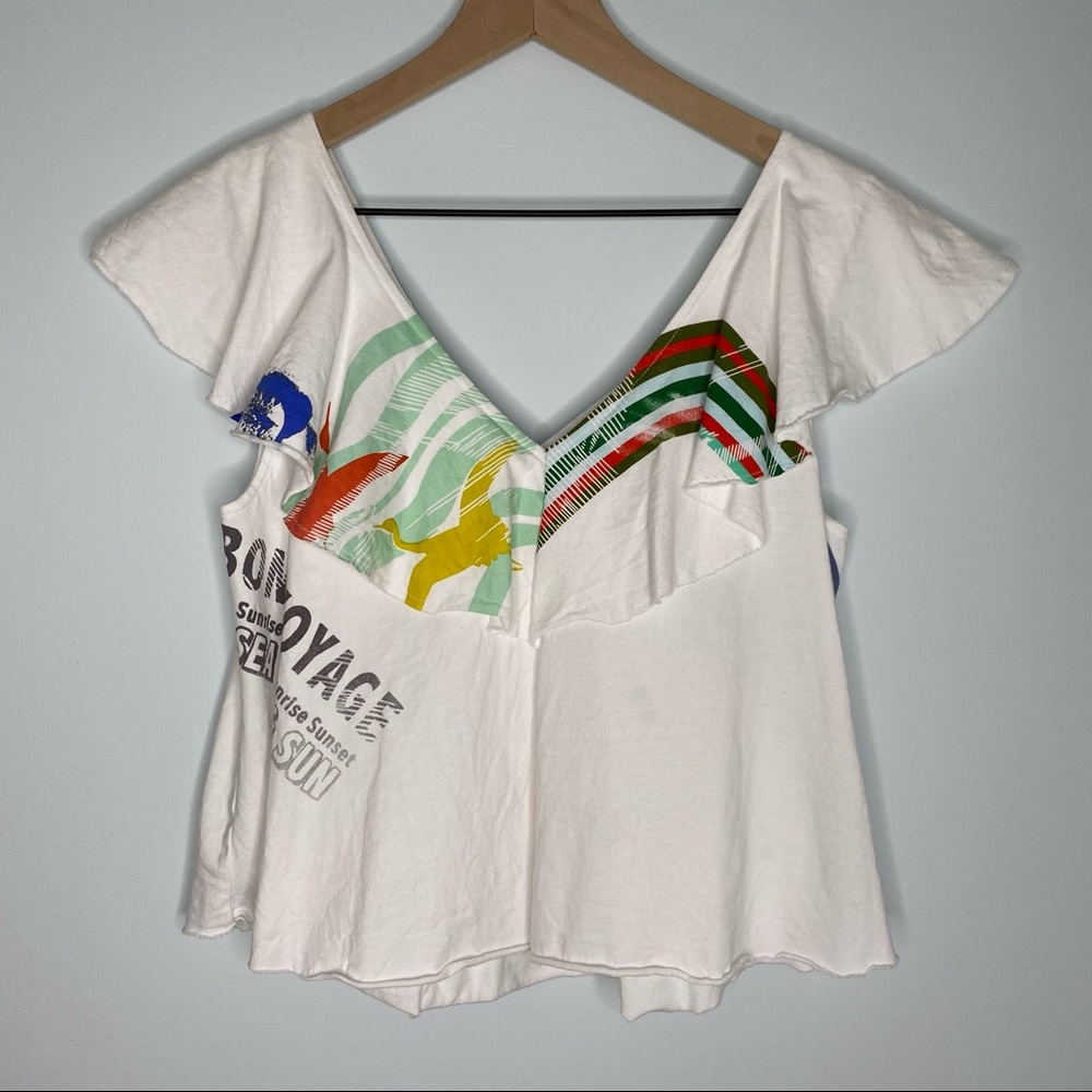 Anthropologie White Ruffle Top w/ Graphics